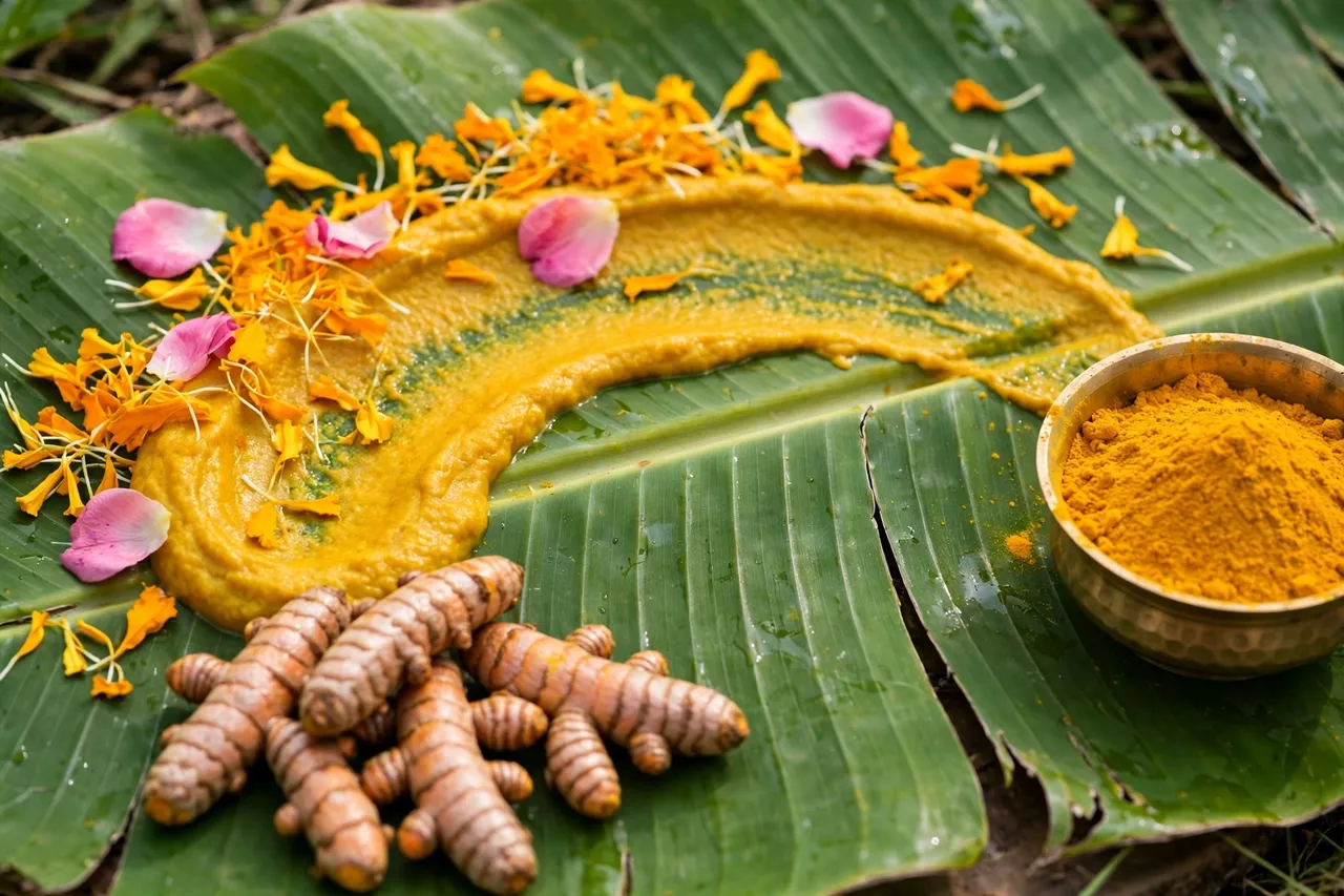 Turmeric paste on a banana leaf