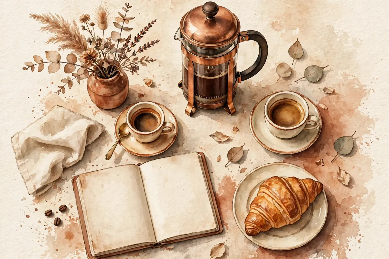 A vintage cafe table with coffee and pastries