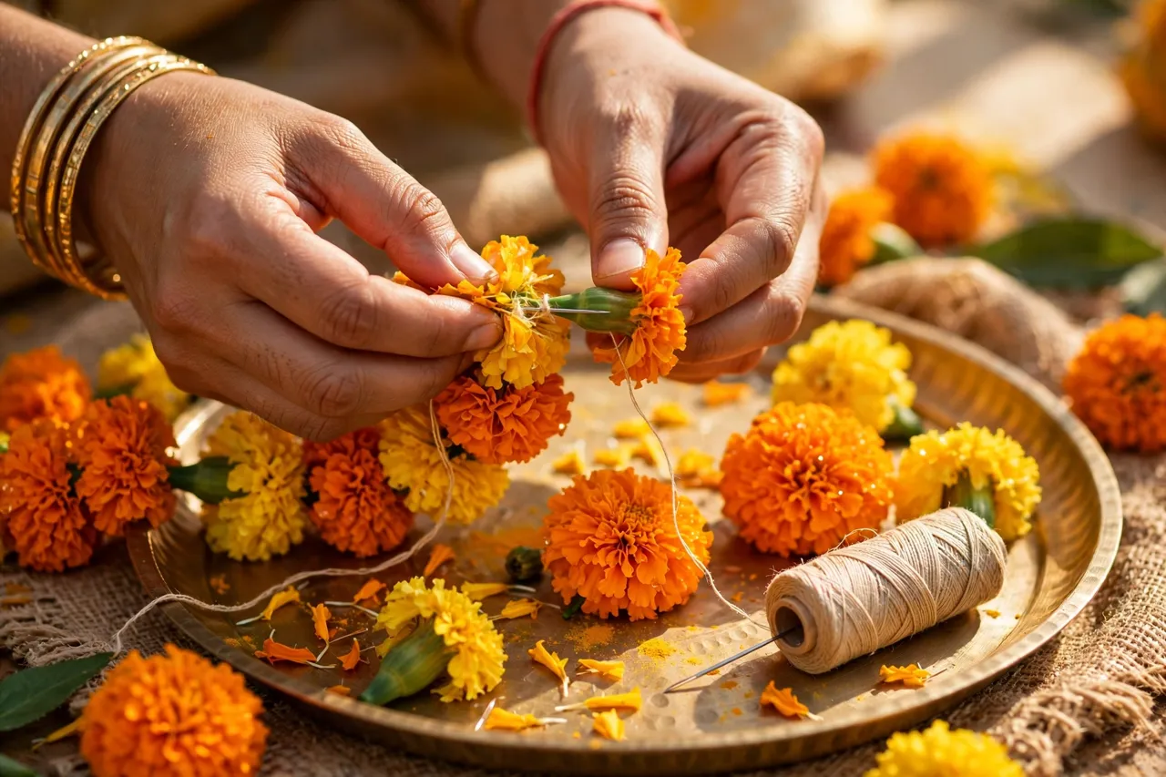 Stringing marigold garlands