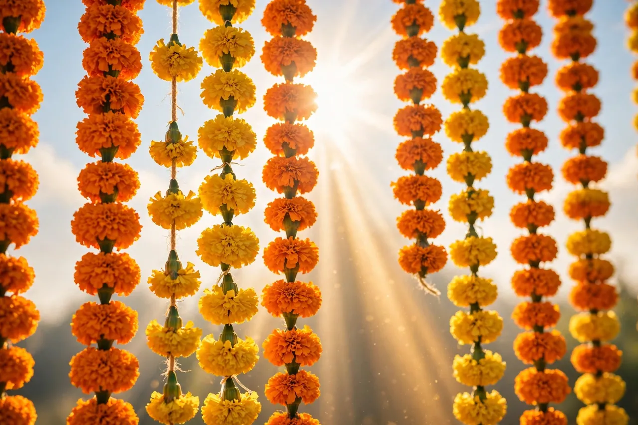 Marigold garlands in the morning sun