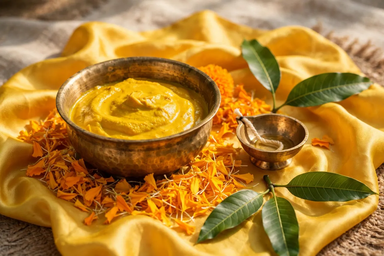 A brass bowl of haldi turmeric paste with marigolds