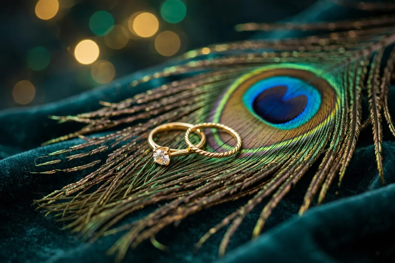 The engagement rings on a peacock feather