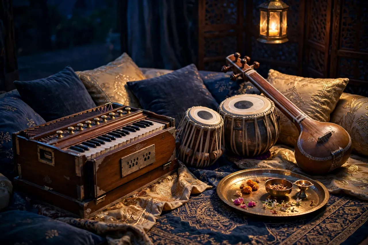 Harmonium, tabla and tanpura on mehfil cushions