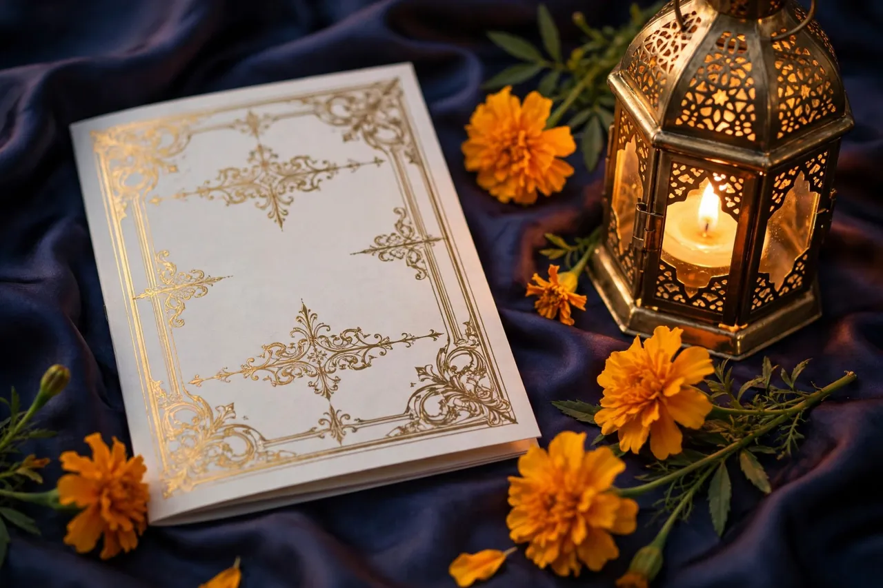 Printed programme booklet beside a brass lantern