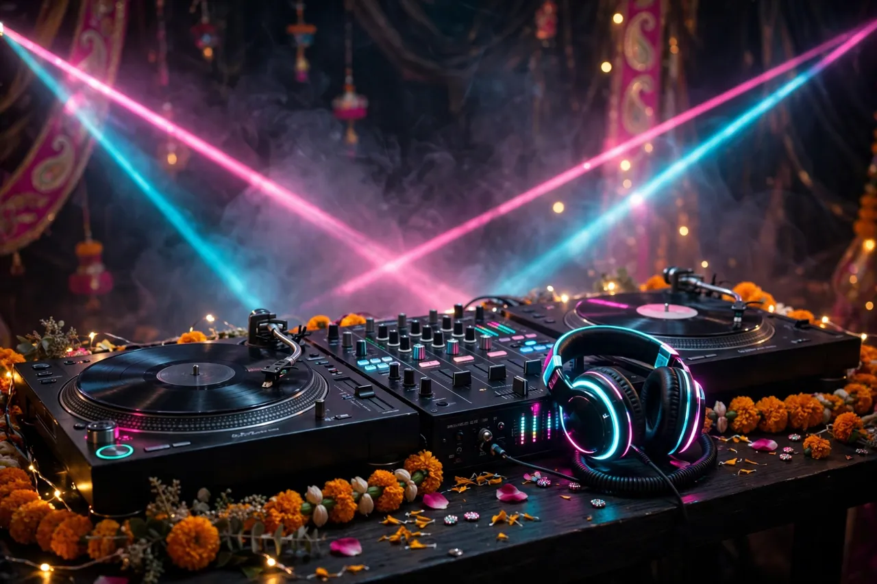 DJ booth with turntables under laser beams