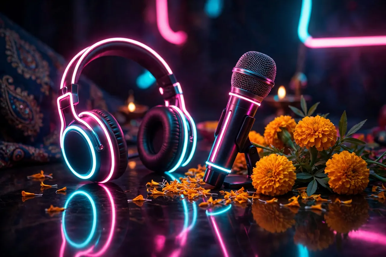 Neon headphones and microphone still life