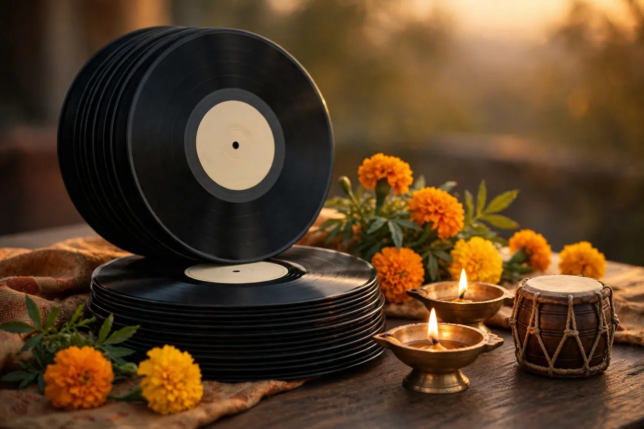 Vinyl records with marigolds