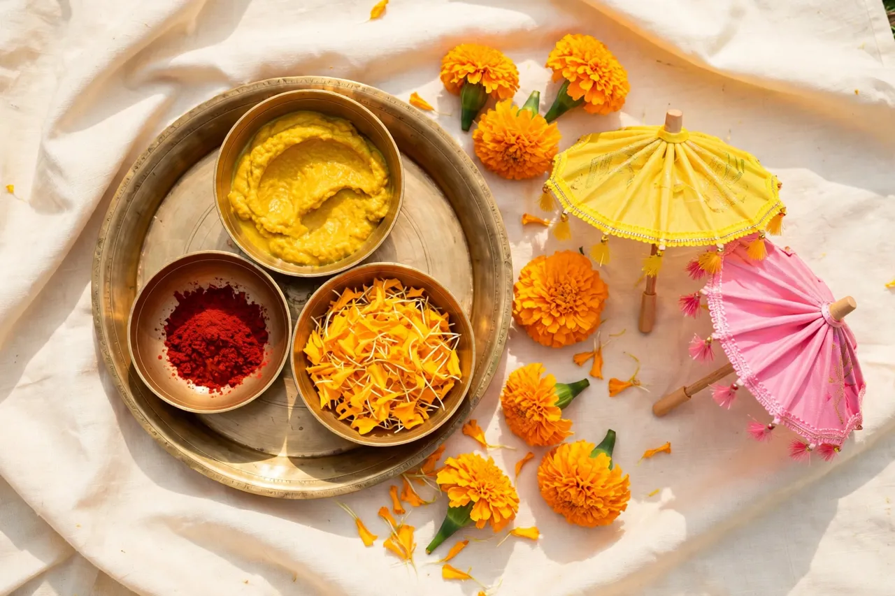 Haldi thali with miniature parasols